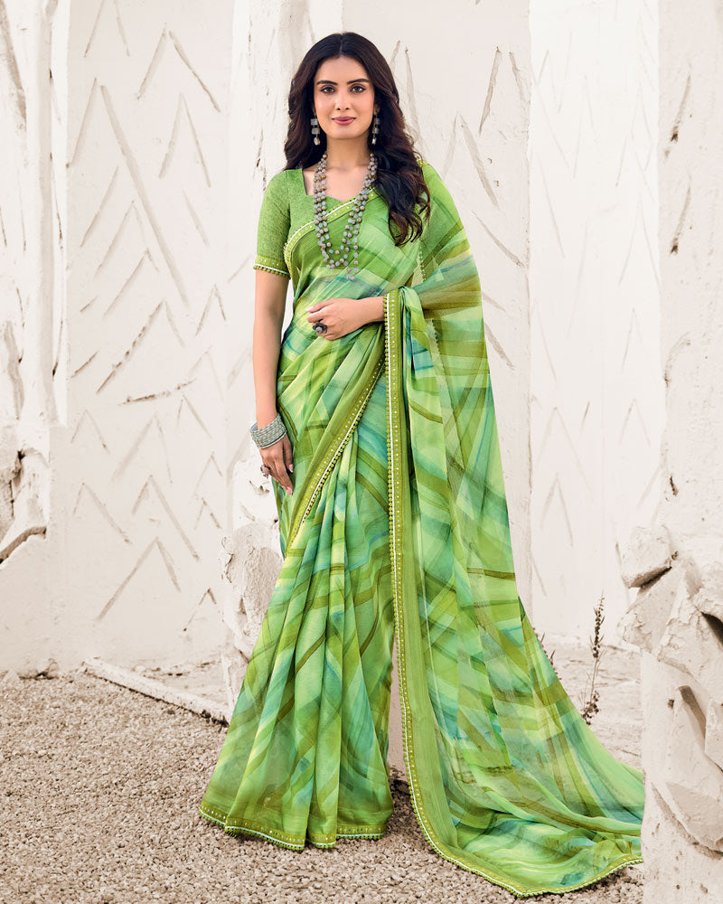 Vishal Prints Avocado Green Designer Fancy Chiffon Digital Print Saree With Border