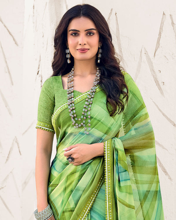 Vishal Prints Avocado Green Designer Fancy Chiffon Digital Print Saree With Border