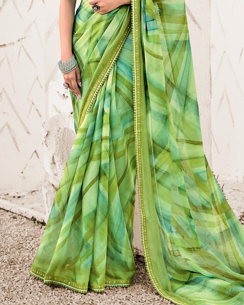 Vishal Prints Avocado Green Designer Fancy Chiffon Digital Print Saree With Border