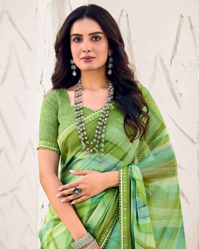 Vishal Prints Avocado Green Designer Fancy Chiffon Digital Print Saree With Border