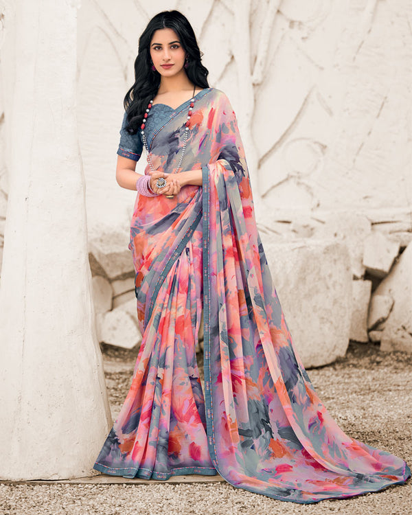 Vishal Prints Slate Grey Designer Fancy Chiffon Digital Print Saree With Border
