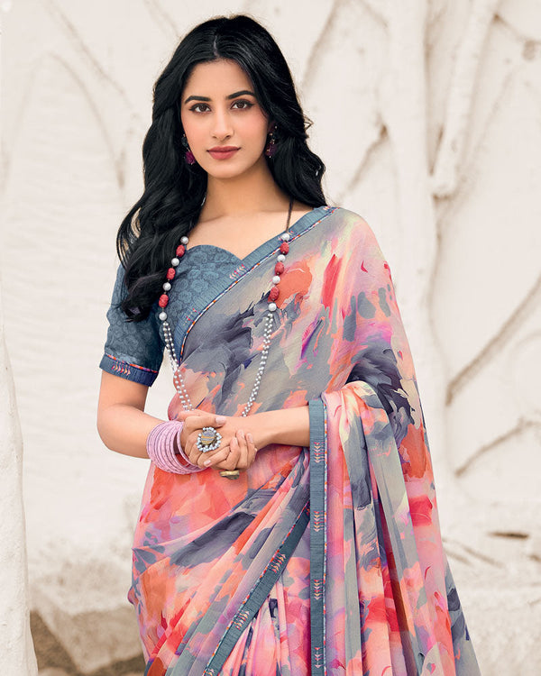 Vishal Prints Slate Grey Designer Fancy Chiffon Digital Print Saree With Border