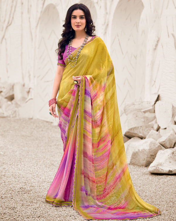 Vishal Prints Yellow Ochre Designer Fancy Chiffon Digital Print Saree With Cut Work Border