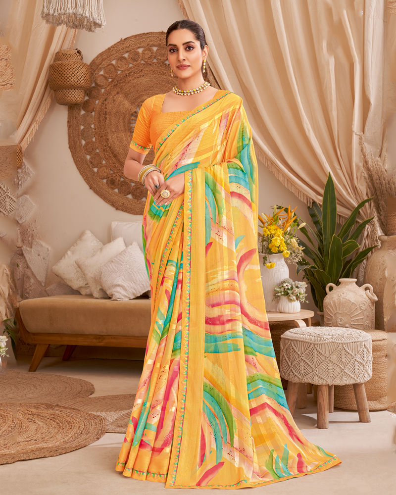 Vishal Prints Apricot Orange Designer Patterned Chiffon Digital Print Saree With Fancy Border