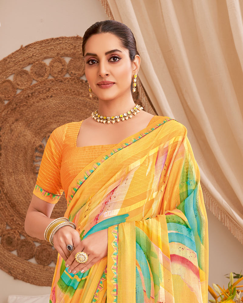 Vishal Prints Apricot Orange Designer Patterned Chiffon Digital Print Saree With Fancy Border