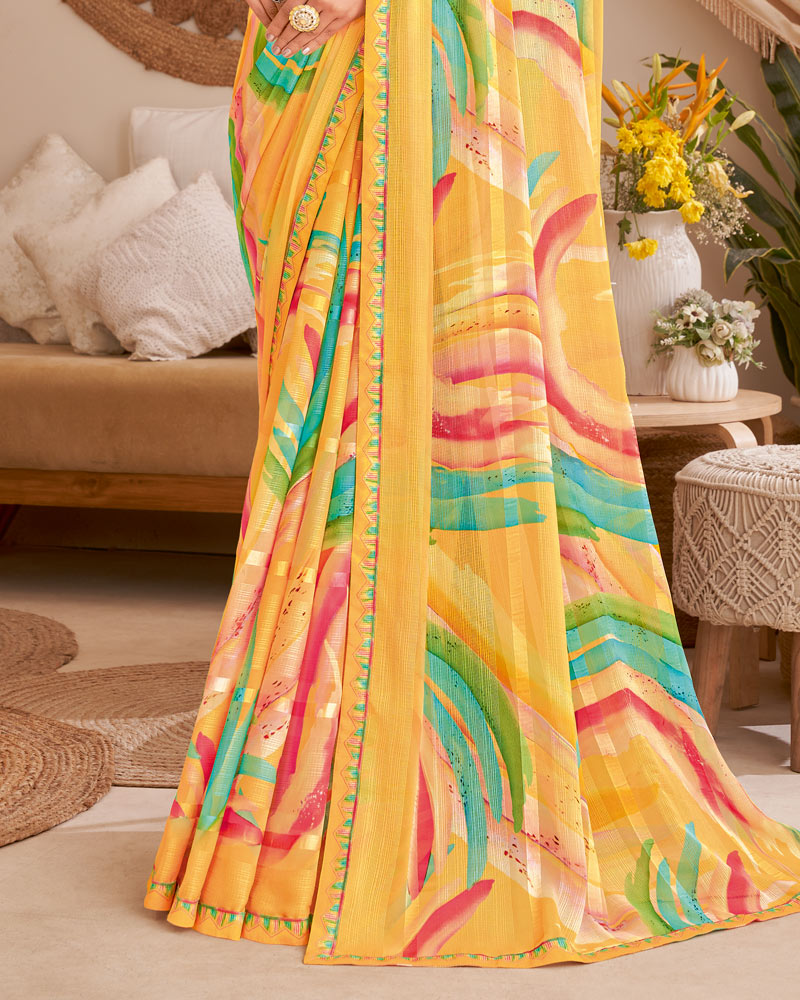 Vishal Prints Apricot Orange Designer Patterned Chiffon Digital Print Saree With Fancy Border