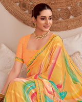 Vishal Prints Apricot Orange Designer Patterned Chiffon Digital Print Saree With Fancy Border