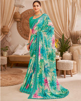 Vishal Prints Mint Green Designer Patterned Chiffon Digital Print Saree With Fancy Border