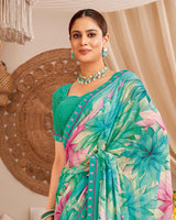 Vishal Prints Mint Green Designer Patterned Chiffon Digital Print Saree With Fancy Border