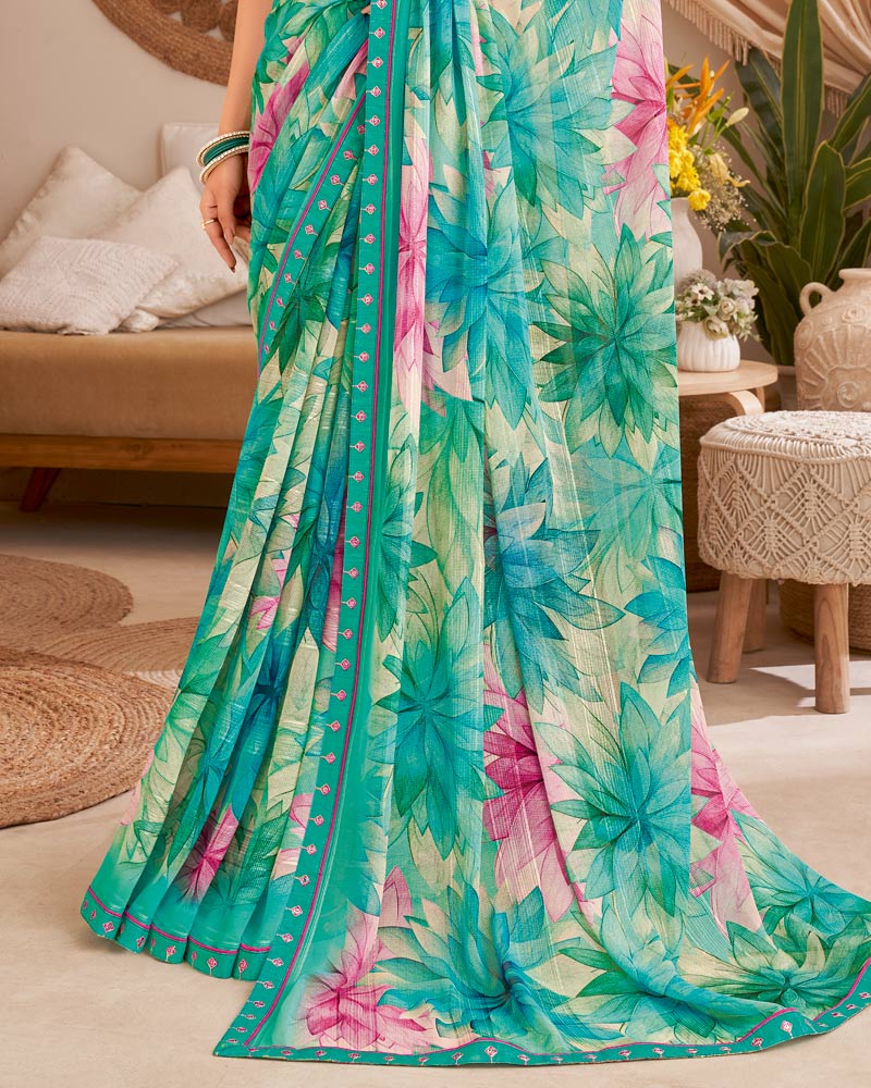 Vishal Prints Mint Green Designer Patterned Chiffon Digital Print Saree With Fancy Border
