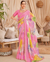 Vishal Prints Daisy Pink Designer Patterned Chiffon Digital Print Saree With Cut Work Border