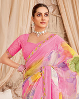 Vishal Prints Daisy Pink Designer Patterned Chiffon Digital Print Saree With Cut Work Border