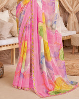 Vishal Prints Daisy Pink Designer Patterned Chiffon Digital Print Saree With Cut Work Border
