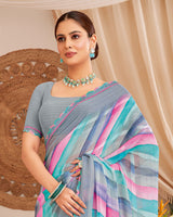 Vishal Prints Regent Grey Designer Patterned Chiffon Digital Print Saree With Cut Work Border