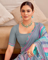 Vishal Prints Regent Grey Designer Patterned Chiffon Digital Print Saree With Cut Work Border