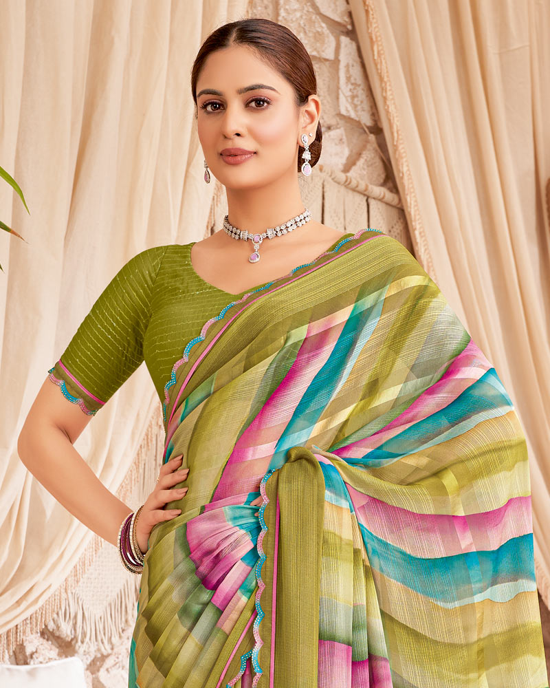 Vishal Prints Yellowy Brown Designer Patterned Chiffon Digital Print Saree With Cut Work Border