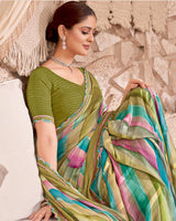 Vishal Prints Yellowy Brown Designer Patterned Chiffon Digital Print Saree With Cut Work Border