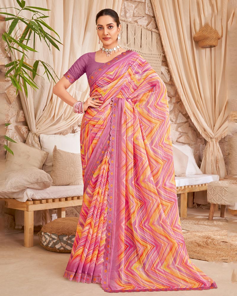 Vishal Prints Dusty Pink Designer Patterned Chiffon Digital Print Saree With Cut Work Border