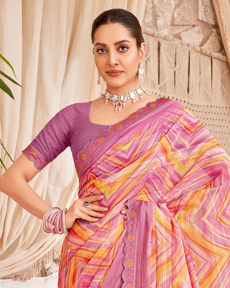 Vishal Prints Dusty Pink Designer Patterned Chiffon Digital Print Saree With Cut Work Border