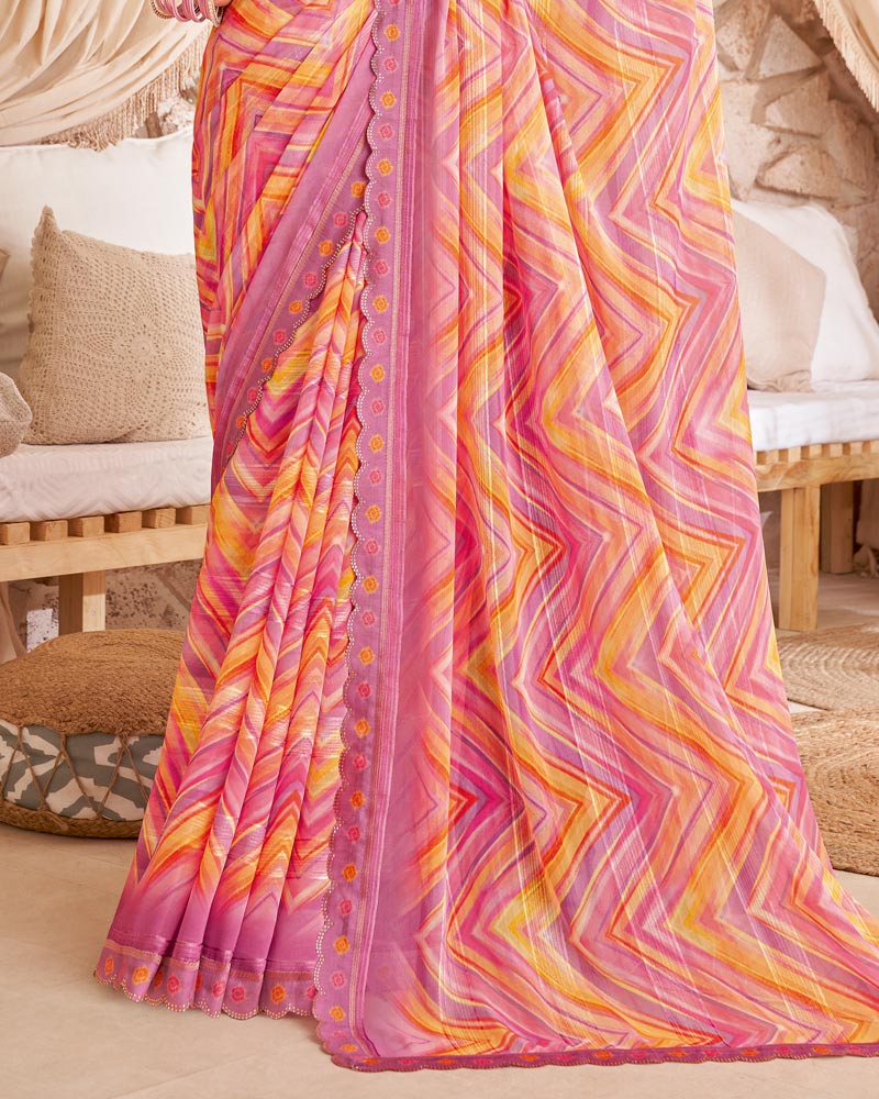 Vishal Prints Dusty Pink Designer Patterned Chiffon Digital Print Saree With Cut Work Border