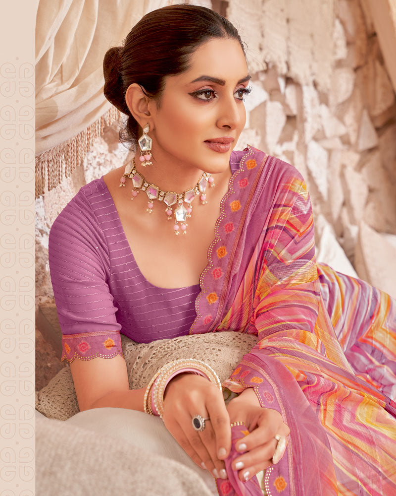 Vishal Prints Dusty Pink Designer Patterned Chiffon Digital Print Saree With Cut Work Border