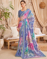 Vishal Prints Dark Pastel Blue Designer Patterned Chiffon Digital Print Saree With Cut Work Border