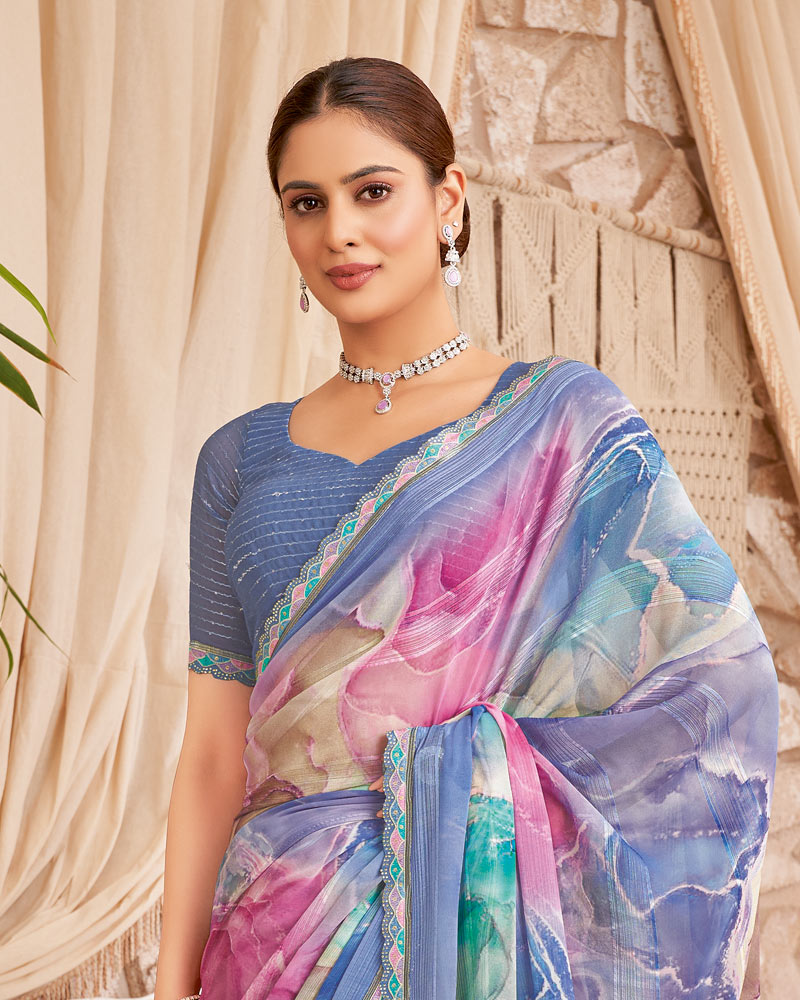Vishal Prints Dark Pastel Blue Designer Patterned Chiffon Digital Print Saree With Cut Work Border
