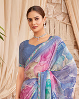 Vishal Prints Dark Pastel Blue Designer Patterned Chiffon Digital Print Saree With Cut Work Border