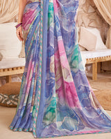 Vishal Prints Dark Pastel Blue Designer Patterned Chiffon Digital Print Saree With Cut Work Border