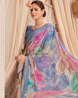 Vishal Prints Dark Pastel Blue Designer Patterned Chiffon Digital Print Saree With Cut Work Border