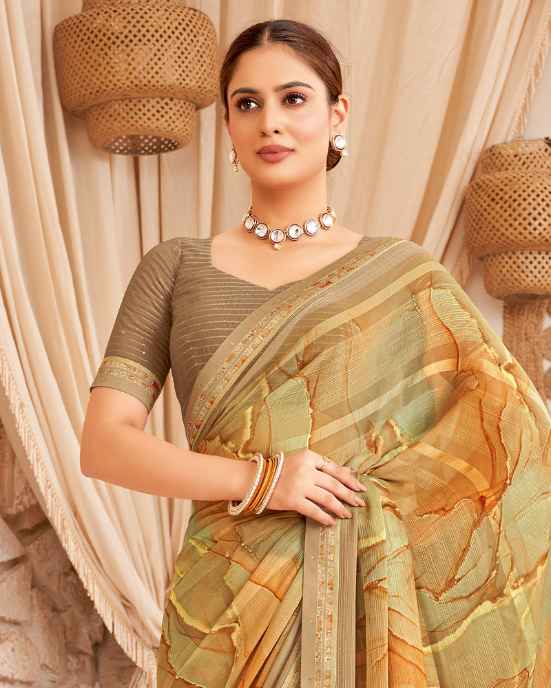 Vishal Prints Ginger Brown Designer Patterned Chiffon Digital Print Saree With Fancy Border