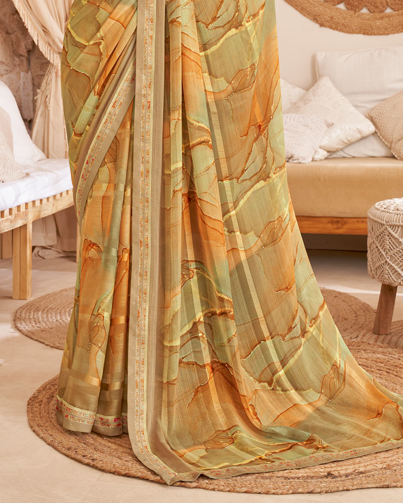Vishal Prints Ginger Brown Designer Patterned Chiffon Digital Print Saree With Fancy Border