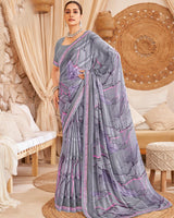 Vishal Prints Dusty Grey Designer Patterned Chiffon Digital Print Saree With Fancy Border