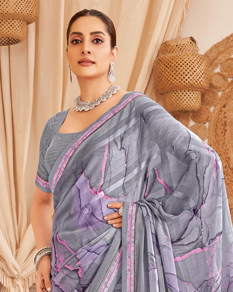Vishal Prints Dusty Grey Designer Patterned Chiffon Digital Print Saree With Fancy Border