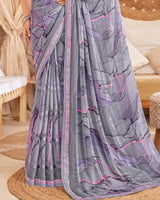 Vishal Prints Dusty Grey Designer Patterned Chiffon Digital Print Saree With Fancy Border