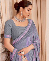 Vishal Prints Dusty Grey Designer Patterned Chiffon Digital Print Saree With Fancy Border