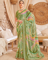Vishal Prints Sage Green Designer Patterned Chiffon Digital Print Saree With Fancy Border