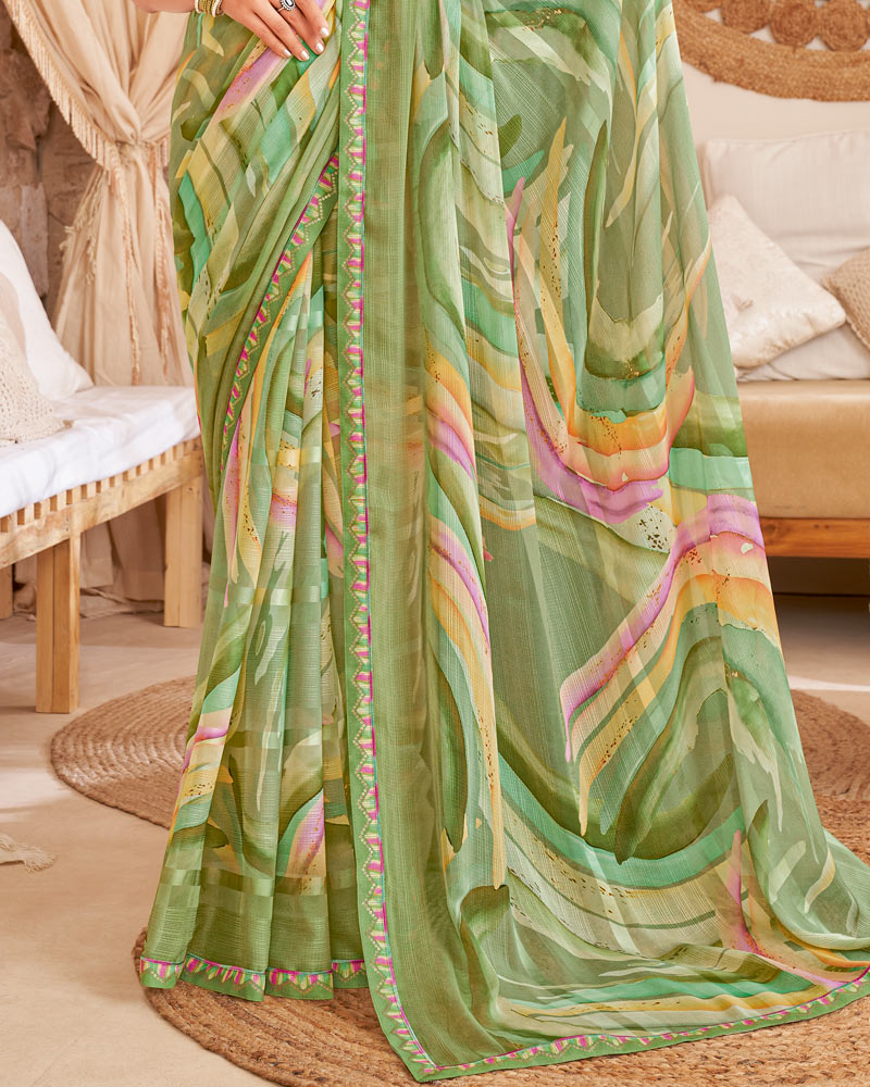 Vishal Prints Sage Green Designer Patterned Chiffon Digital Print Saree With Fancy Border