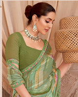 Vishal Prints Sage Green Designer Patterned Chiffon Digital Print Saree With Fancy Border