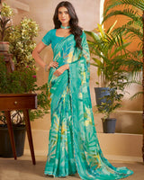 Vishal Prints Light Sea Green Designer Patterned Chiffon Digital Print Saree With Fancy Cut Work Border