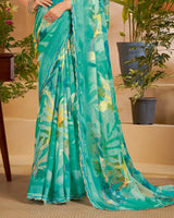 Vishal Prints Light Sea Green Designer Patterned Chiffon Digital Print Saree With Fancy Cut Work Border