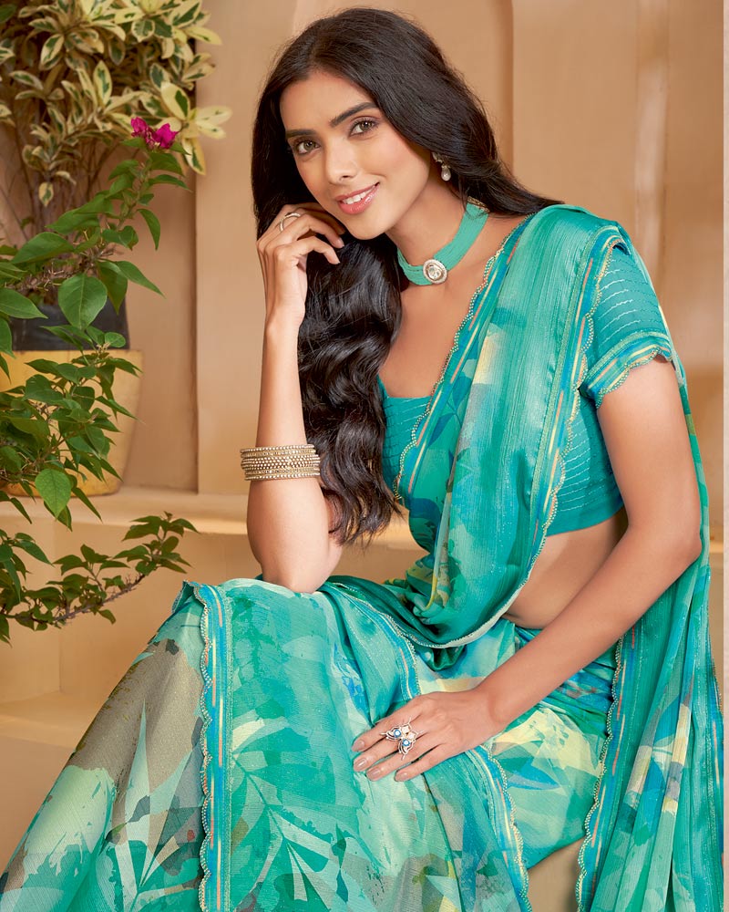 Vishal Prints Light Sea Green Designer Patterned Chiffon Digital Print Saree With Fancy Cut Work Border