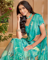 Vishal Prints Light Sea Green Designer Patterned Chiffon Digital Print Saree With Fancy Cut Work Border