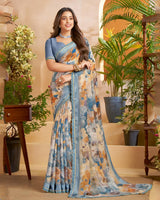 Vishal Prints Santa Grey And Persian Orange Designer Patterned Chiffon Digital Print Saree With Fancy Cut Work Border