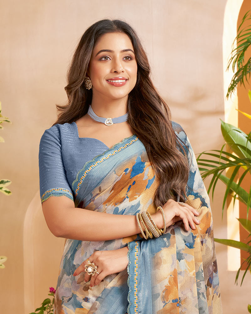 Vishal Prints Santa Grey And Persian Orange Designer Patterned Chiffon Digital Print Saree With Fancy Cut Work Border