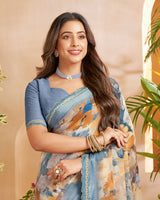 Vishal Prints Santa Grey And Persian Orange Designer Patterned Chiffon Digital Print Saree With Fancy Cut Work Border