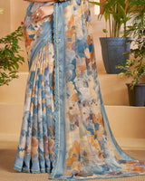 Vishal Prints Santa Grey And Persian Orange Designer Patterned Chiffon Digital Print Saree With Fancy Cut Work Border