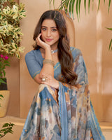 Vishal Prints Santa Grey And Persian Orange Designer Patterned Chiffon Digital Print Saree With Fancy Cut Work Border