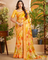 Vishal Prints Apricot Orange Designer Patterned Chiffon Digital Print Saree With Fancy Cut Work Border