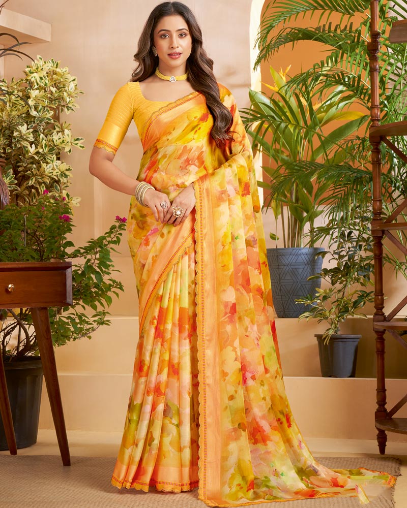 Vishal Prints Apricot Orange Designer Patterned Chiffon Digital Print Saree With Fancy Cut Work Border